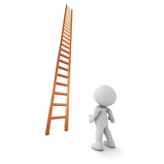 3D Character Looking Up at Very Tall Ladder