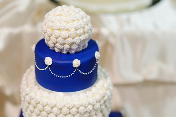 Blue wedding cake decorated with flowers