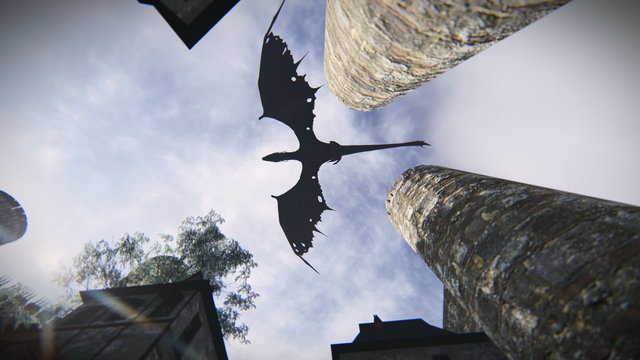 Mythological dragon flying over a medieval village