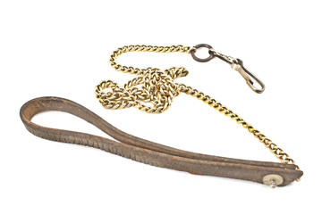 Dog leather and chain leash isolated on white