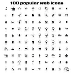 100 black and white popular web icons with reflection, eps 10