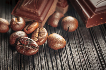 close up of chocolate and coffee beans, shallow dof