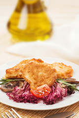 Healthy food, fish in batter with vegetables