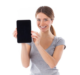 Woman showing tablet pc