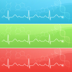 Medical background with cardiogram and DNA in three colors