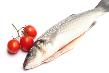 Sea bass isolated on white background with tomatoes