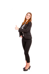 Young business woman making thumbs up