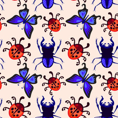 stag beetle, butterfly and ladybug seamless pattern