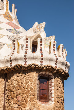 Barcelona park Guell fairy tale mosaic house on entrance