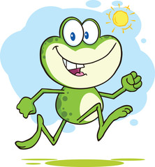 Cute Green Frog Cartoon Character Running Outdoor