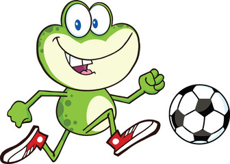 Cute Green Frog Cartoon Character Playing With Soccer Ball