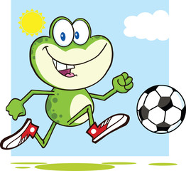 Cute Green Frog Cartoon Character Playing With Soccer Ball