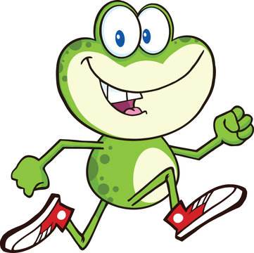 recommend clip art: Cute Green Frog Cartoon Character Running With Sneakers