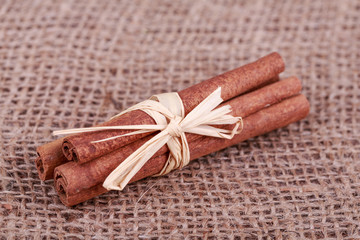 Dry Brown Cinnamon Sticks on  sack cloth