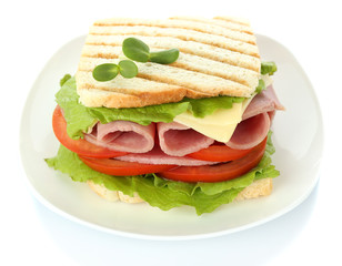 Tasty sandwich with ham, isolated on white