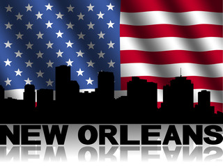 New Orleans skyline and text reflected with flag illustration