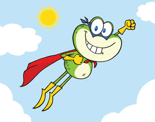 Frog Superhero Cartoon Character Flying In The Sky