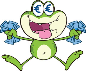 Crazy Green Frog Cartoon Character Jumping With Euro
