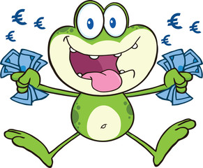 Crazy Green Frog Cartoon Mascot Character Jumping With Euro