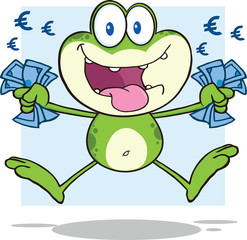 Green Frog Cartoon Mascot Character Jumping With Euro