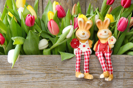 Osterhasenp&auml;rchen und Tulpen