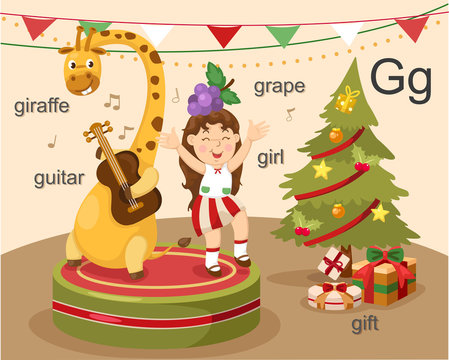 Alphabet.G letter.giraffe,guit ar,girl,grape,gift.