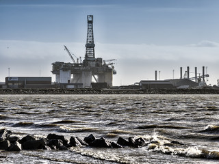 Panorama of Esbjerg oil harbor with rig, Denmark