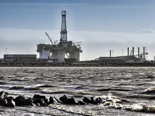 No drill light filtering roller blinds Port Panorama of Esbjerg oil harbor with rig, Denmark