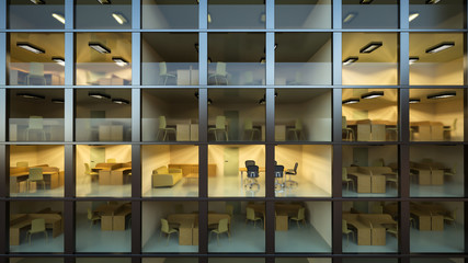 Inside modern office building at night