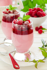 Raspberry dessert panna cotta, selective focus.