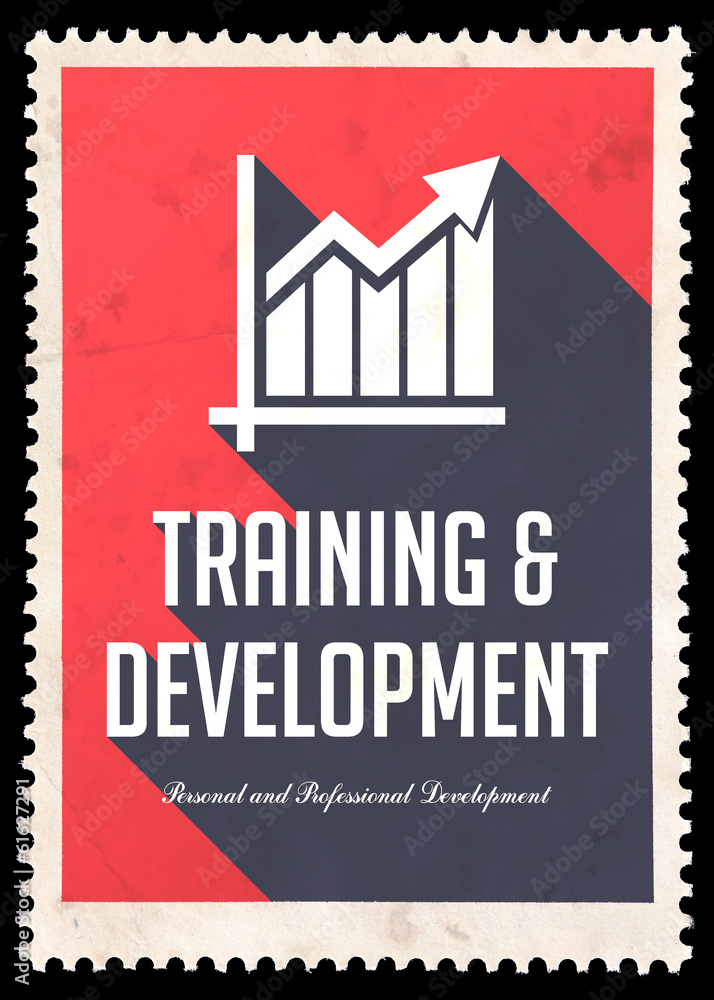 Aufkleber training and development on red in flat design.