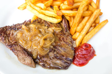 steak beef meat with tomato and french fries