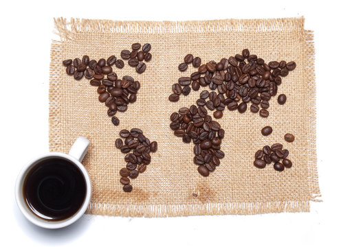 Coffee map on hessian background with white cup