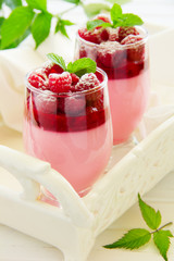 Raspberry dessert panna cotta, selective focus.