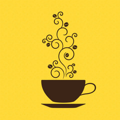 Cup of coffee with floral ornamental steam over burlap texture