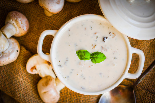 Mushroom soup in white bowl