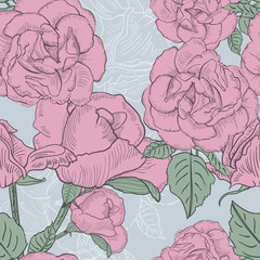 Seamless floral background with hand drawn pink roses. Vector