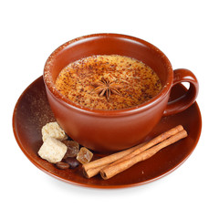 Coffee with cinnamon on a white background. Top view