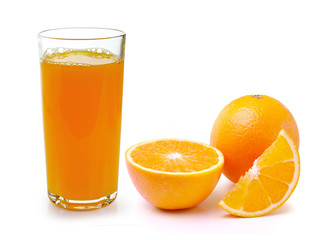 Fresh orange and glass with juice