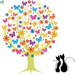 arbre fleurs papillons et chats amoureux