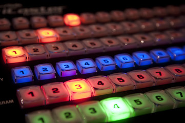 Rows of buttons on a TV production video switcher