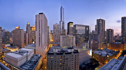 A city skyline at dusk, Chicago looking south.