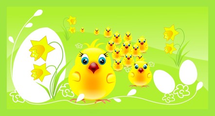 Crowd of chickens on easter background