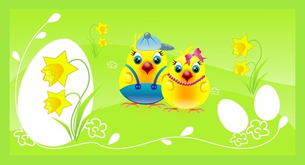 Chickens couple on happy green easter background