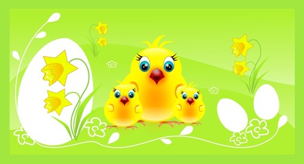 Three chickens on easter background