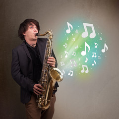 Fototapeta na wymiar Young musician playing on saxophone while musical notes explodin
