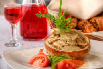 tasty dish with mushrooms in a restaurant