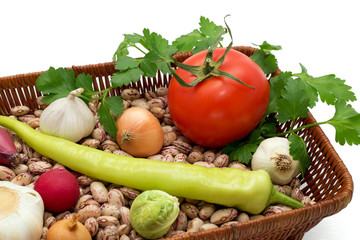 Beans,onion,garlic,peppers,radishes,cabbage,tomato and parsley