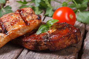 two slices of juicy grilled meat with basil