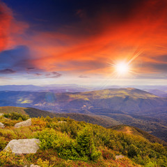light on stone mountain slope with forest at sunset